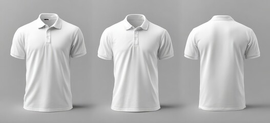 Three views of a plain white short-sleeved polo shirt, front, side, and back, shown against a neutral gray backdrop