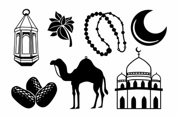 Collection of islamic cultural symbols including a camel mosque lantern crescent moon prayer beads dates and palm leaves