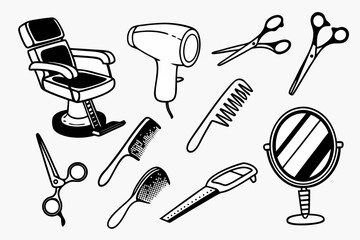 Collection of vintage style black and white hand drawn barber shop and hair salon tools and equipment