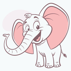 Cute cartoon baby elephant with large pink ears and a happy expression isolated on white background