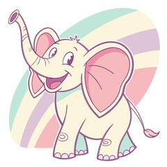 Cute cartoon baby elephant with pink ears and trunk raised in a happy pose against pastel stripes