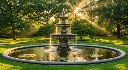 Sunlight Streams Through Trees Onto Ornate Garden Fountain