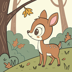 Cute cartoon fawn standing in a forest with autumn leaves falling from trees