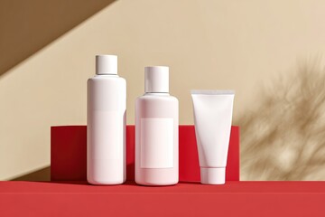 Three white cosmetic containers, a tall bottle, shorter bottle with label, and a tube, stand on a red platform against a beige backdrop, illuminated by a soft light casting shadows