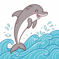 Cute cartoon dolphin jumping joyfully over blue ocean waves with water splashes