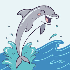 Cute cartoon dolphin jumping joyfully out of blue ocean waves with splashes and bubbles