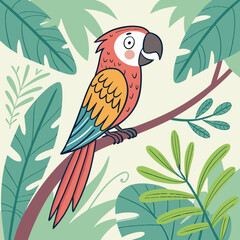 Cute cartoon macaw parrot perched on a branch surrounded by lush tropical jungle foliage and large green leaves