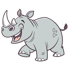 Cute cartoon rhinoceros with a big happy smile walking and looking joyful