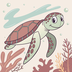 Cute cartoon sea turtle swimming happily underwater surrounded by coral reefs and bubbles