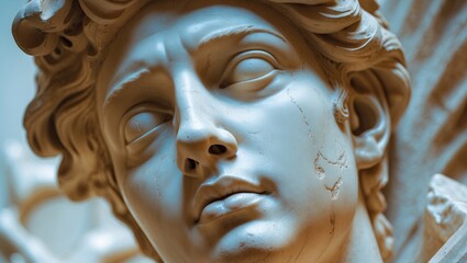 Close-up of a classical marble sculpture of a woman's face with detailed features, curls hair, and subtle cracks.