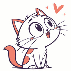 Cute cartoon white cat with big eyes and pink hearts floating above its head
