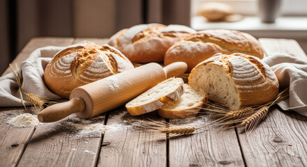 Artisan Bread Displayed With Rolling Pin On Rustic Wooden Table