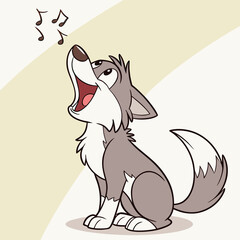 Cute cartoon wolf cub sitting and howling with musical notes floating above its head