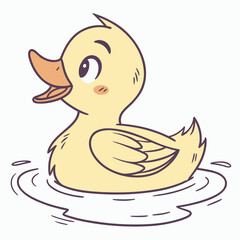 Cute cartoon yellow duckling swimming happily in the water with a cheerful expression
