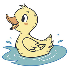 Cute cartoon yellow duckling happily swimming and splashing in blue water with white background