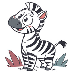 Cute cartoon zebra with big eyes and a happy smile standing in grass