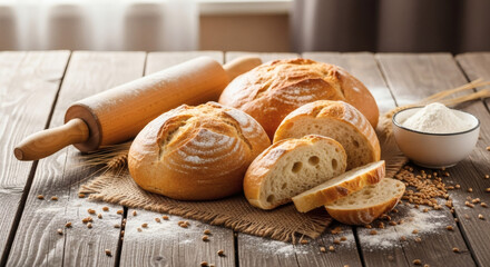 Artisan Bread Display On Wooden Table With Rustic Rolling Pin