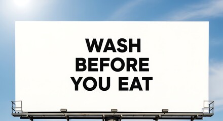 A billboard under a bright sky conveys a straightforward public health reminder Wash Before You Eat