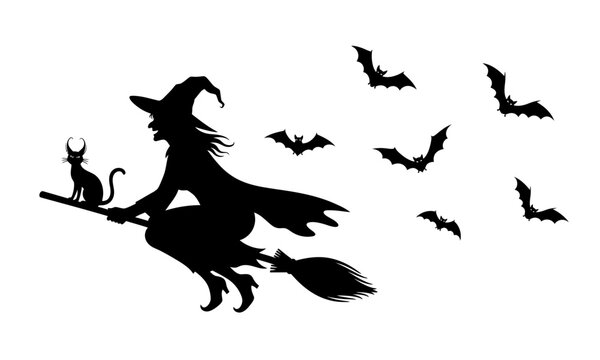 Witch flying on a broom with black cat and bats for Halloween or spooky themed designs