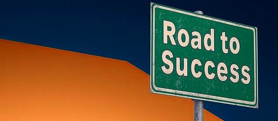 Weathered Green "Road to Success" Sign Against Bold Orange and Blue Abstract Background