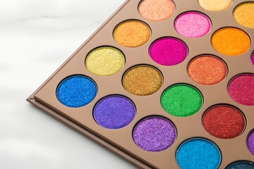 Naklejka premium Colorful Glitter Eyeshadow Palette on Marble Background