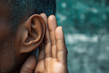 Man's ear and hand close up, trying to listen and eavesdrop on a secret conversation