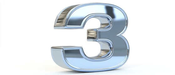 Shiny 3D Metallic Number Three with Blue Tint on Isolated White Background