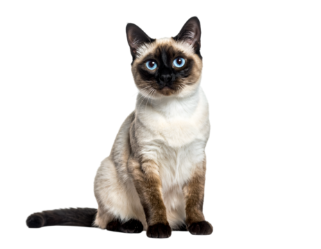 Siamese cat posing: A majestic Siamese cat, renowned for its elegant appearance and striking blue eyes, sits gracefully. with a sleek, light-colored coat.