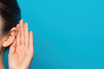 Woman trying to listen and eavesdrop on a secret against a vibrant turquoise background