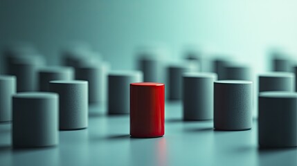 Striking Red Cylinder Standing Out Among Grey Cylinders on a Reflective Teal Surface, Symbolizing Uniqueness and Leadership