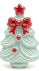 Glossy Ceramic Christmas Tree with Red Star and Bow on White Background