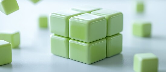 Eight glossy light green cubes perfectly assembled into a larger structure, surrounded by scattered, blurred blocks on a bright, clean background, conveying concepts of unity and geometric precision.
