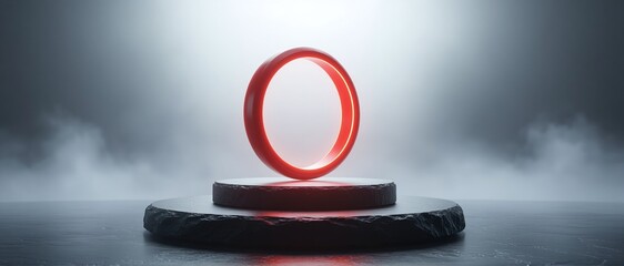 Glowing red ring with podium in moody atmosphere.