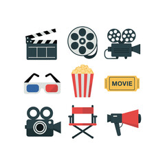 Collection of nine classic movie symbols and icons for film industry and entertainment concepts