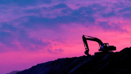 Silhouette of excavator at sunset over a mound of earth