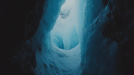 Illuminated Ice Cave with Blue Glow and Frozen Stalactites