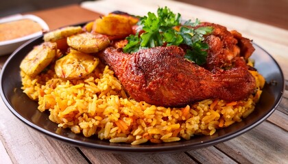 vibrant plate of authentic nigerian jollof rice with grilled chicken and fried plantains garnished with parsley