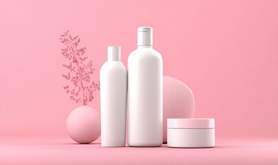 Two white cosmetic bottles, a jar, and a pink plant on a pink background with geometric shapes