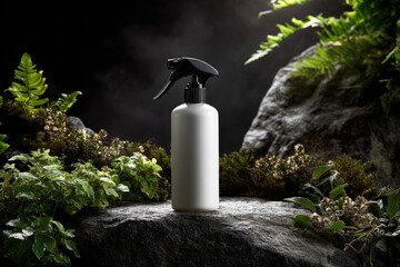 White spray bottle nestled amongst dark rocks and lush greenery, dramatic lighting, moody atmosphere