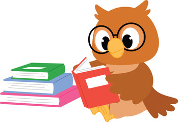 cute owl cartoon with eye glasses reading book, smart owl mascot with stacked of book, happy owl character learning at school illustration