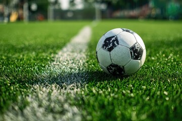 Worn soccer ball rests on a vibrant green artificial turf field, near a white sideline.  Sunlight illuminates the scene