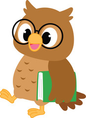 cute owl cartoon with eye glasses walking, happy owl character fly to school with book on its mouth illustration