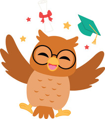 cute owl cartoon with eye glasses with diploma and graduate cap, smart owl mascot with mortar board and certificate, happy owl character graduated illustration