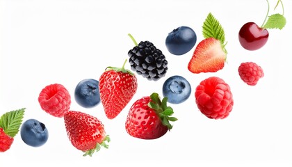 Obraz premium mix of delicious ripe berries falling on white background