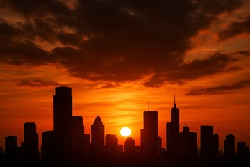 Urban Sunset Behind City Skyline