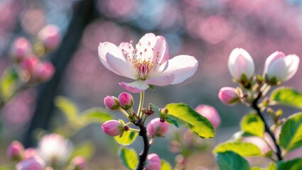 Fototapeta premium Blooming flowers on a tree branch with pink and white blossoms, vibrant green leaves, and a soft-focus background.