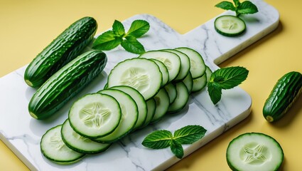 Cucumbers with sliced pieces and fresh mint leaves on a marble cutting board against a yellow background.