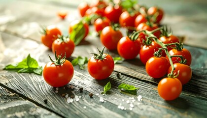 Fresh, ripe cherry tomatoes on a rustic wooden surface