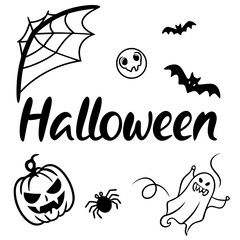 Obraz premium Black and white Halloween themed elements: spiderweb, skull, bats, pumpkin, ghost, spider