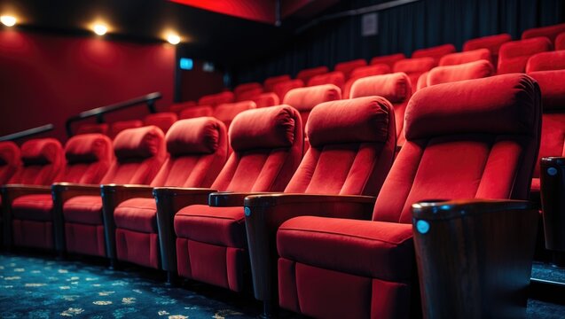 Empty theater seating with red chairs and a dark background.